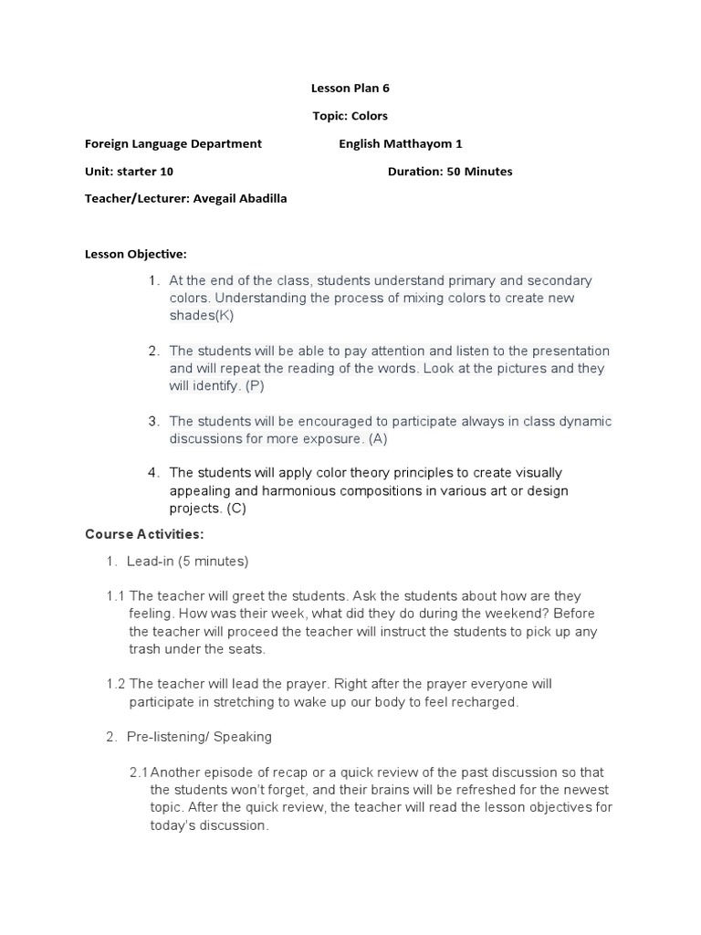 Lesson Plan 6 Colors PDF Color Teachers