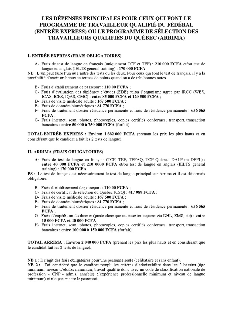 Les Dépenses Principales ARRIMA Et ENTREE EXPRESS PDF