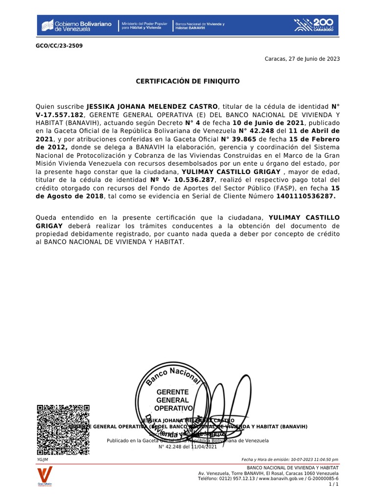 Certificación de Finiquito BANAVIH | PDF | Venezuela