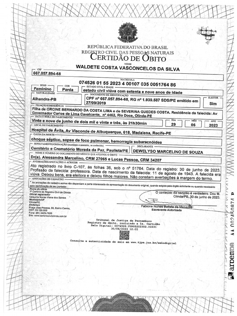 Certidão De óbito Pdf