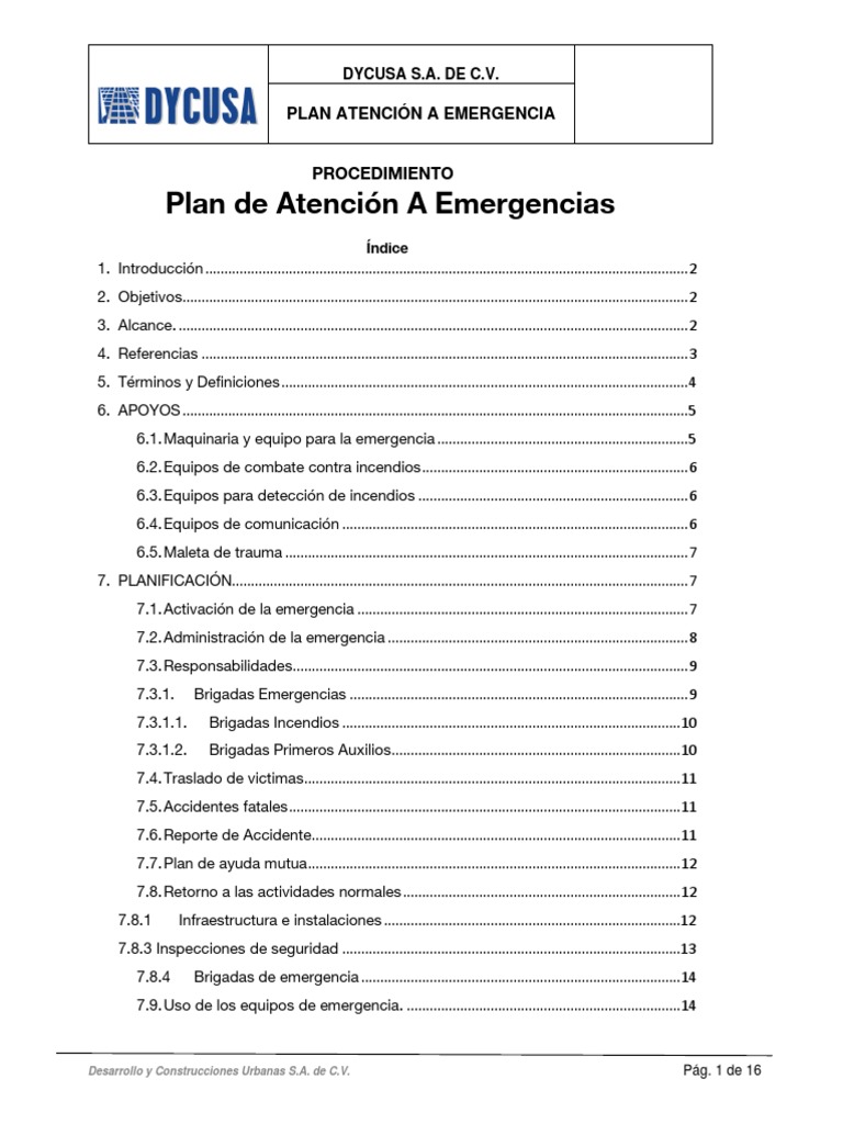 Plan de Emergencia DYCUSA S.A. | PDF | Primeros auxilios | Seguridad ...