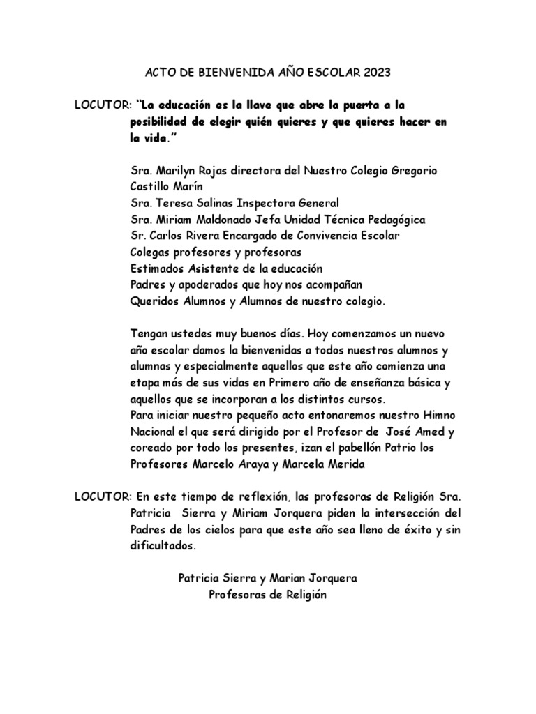 Acto de Bienvenida Año Escolar 2023 | PDF