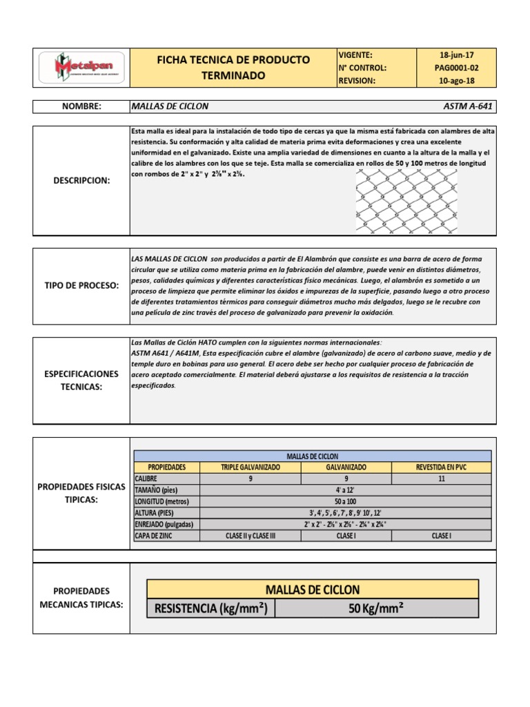 Ficha Tecnica Mallas de Ciclon | PDF | Acero | Procesos industriales