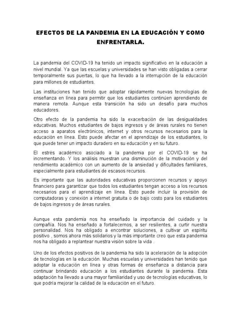 Efectos de La Pandemia en La Educación y Como Enfrentarla | PDF ...