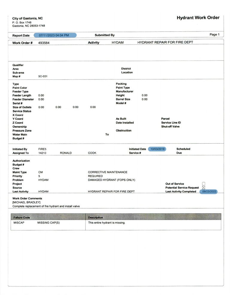 Work Orders For Fire Hydrants in Gastonia, North Carolina | PDF