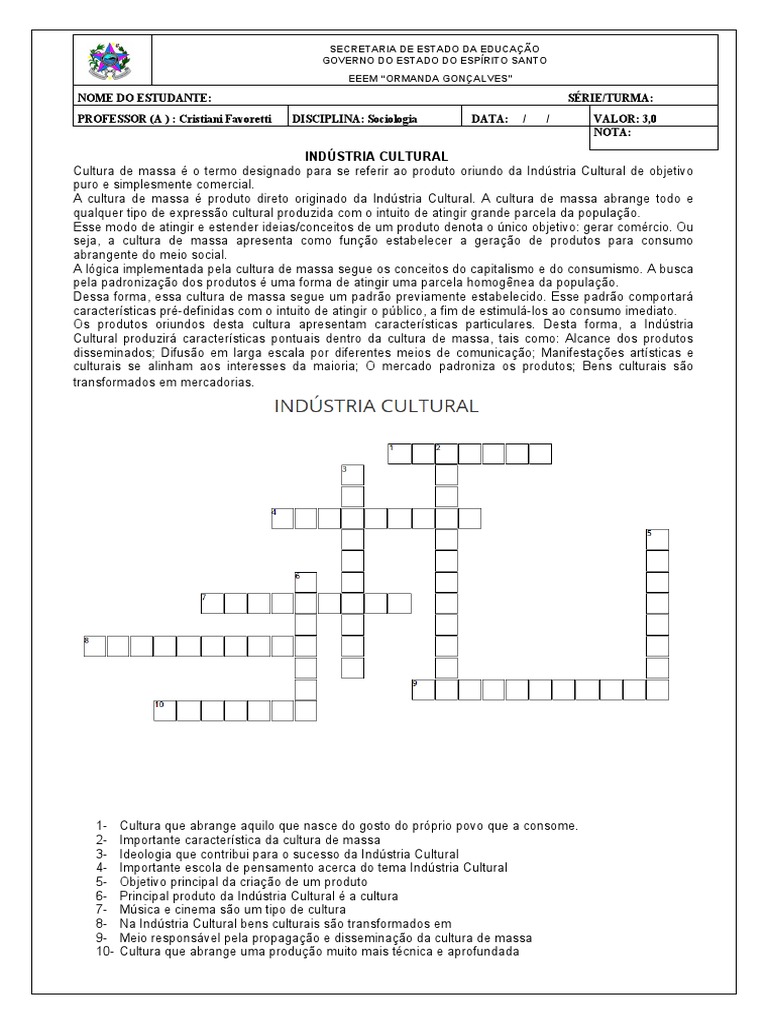 Cruzadinha sobre Indústria Cultural | PDF | Massa | Sociologia