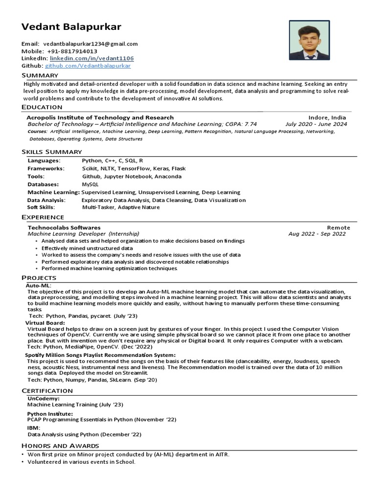 Vedant Balapurkar's Machine Learning Resume | PDF | Machine Learning ...