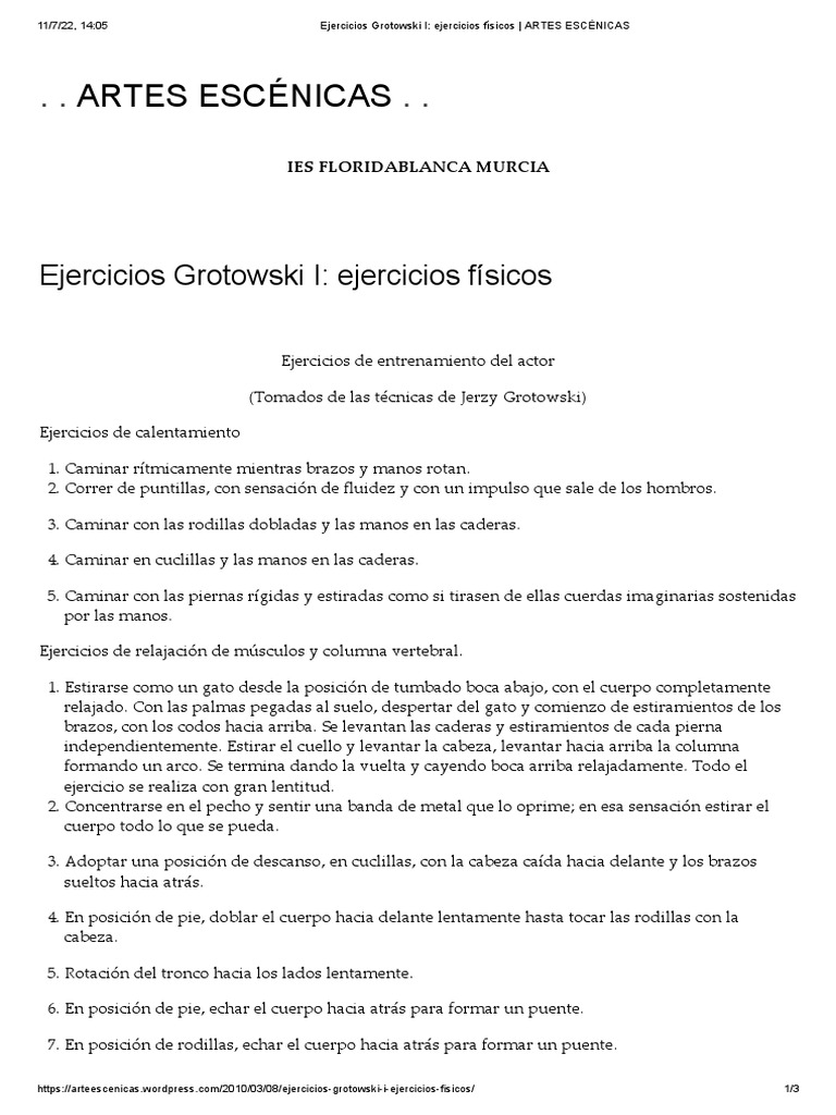 Ejercicios Grotowski I Ejercicios Físicos ARTES ESCÉNICAS PDF Pie