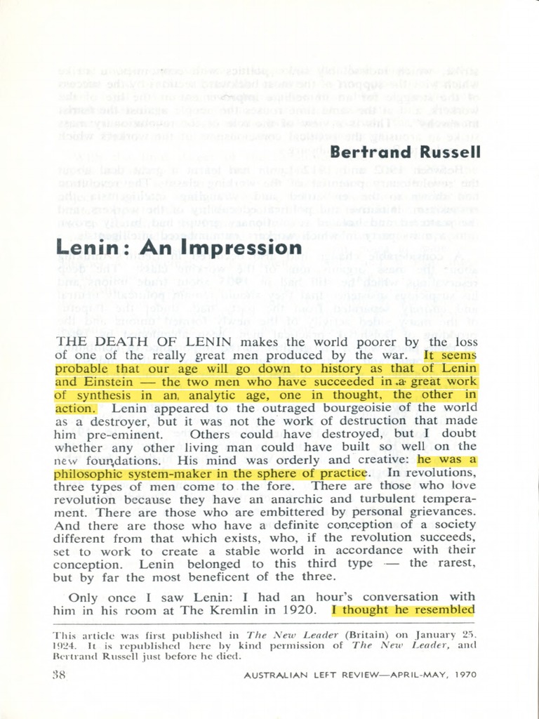 Russell, B. (1924) Lenin An Impression PDF Communism Political