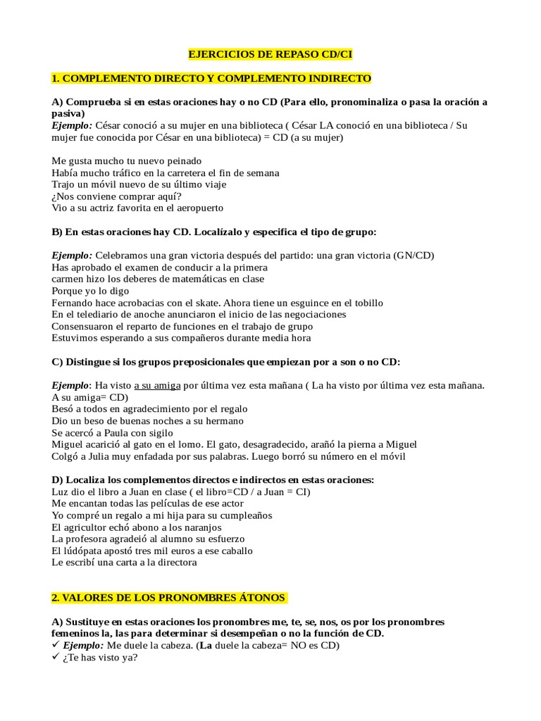 PRONOMBRES ÁTONOS CD CI REFLEXIVAS RECÍPROCAS Sin Cag | PDF | Pronombre ...