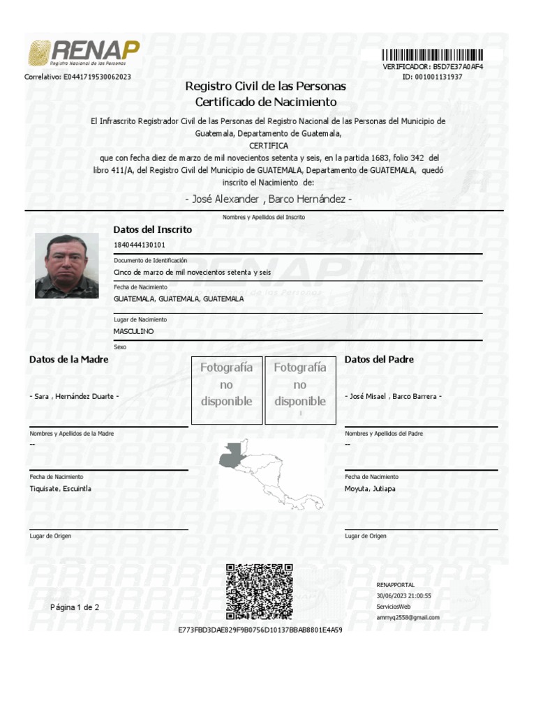 Partidas de Nacimiento Jose Alexander Barco Hernandez | PDF | Guatemala ...