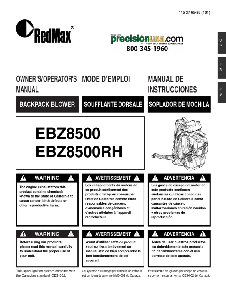 RedMax EBZ8500 Backpack Blower Manual PDF
