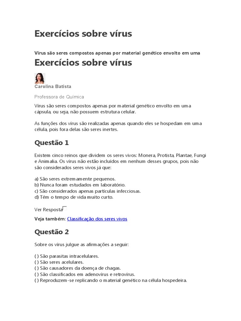Exercícios sobre Vírus e Suas Características | PDF