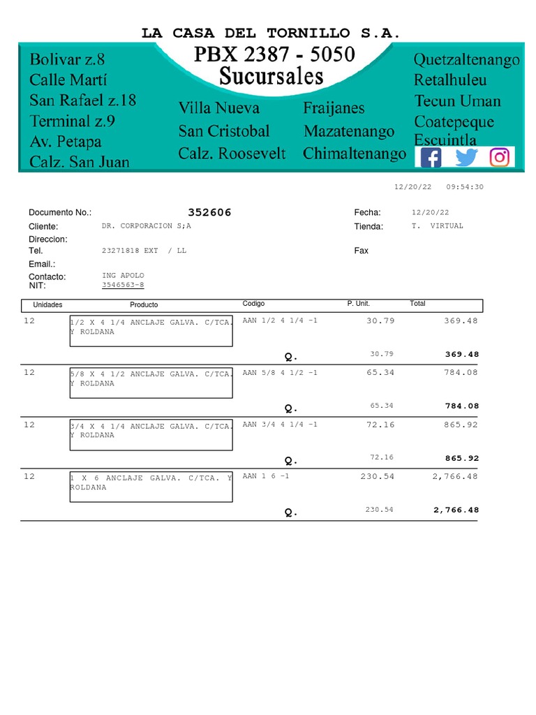 La Casa Del Tornillo S.A. Documento No. Cliente Direccion Fax Email