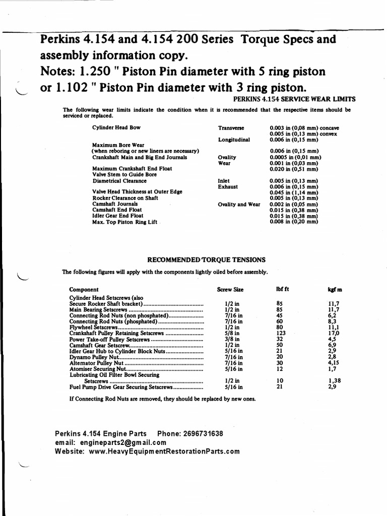 Perkins 4.154 Torque Specs and Assembly Information Copy. PDF