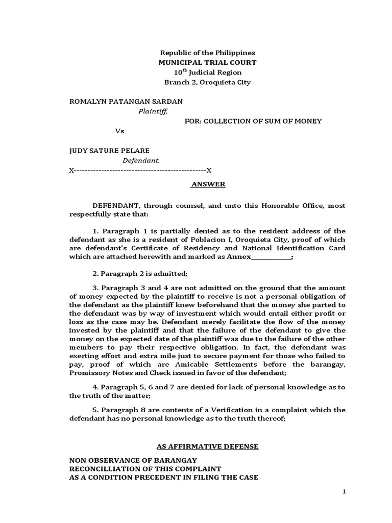 ANSWER PDF Lawsuit Justice