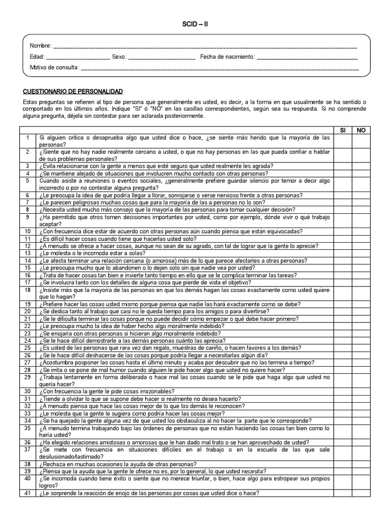 Cuestionario SCID-II de Personalidad | PDF | Desorden de personalidad ...