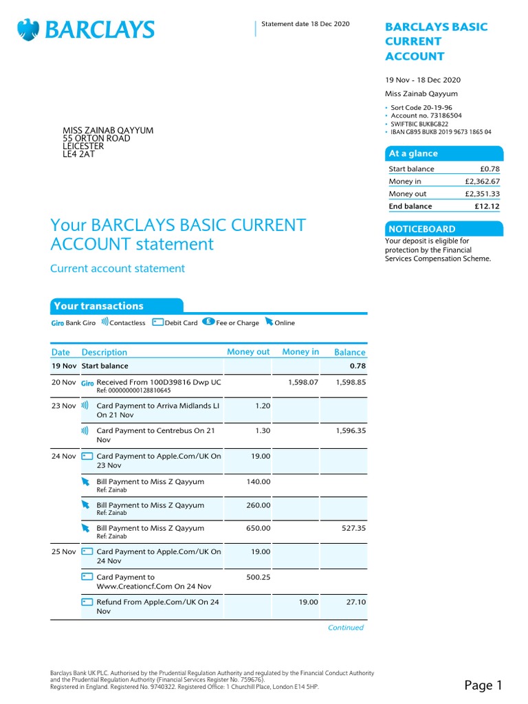 Barclays Bank Statement 3 PDF Overdraft Debit Card