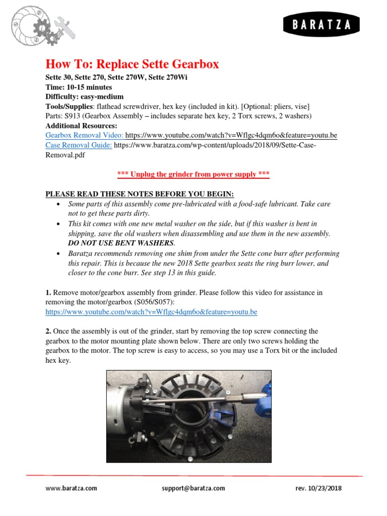 Sette Gearbox Assembly S913 Replacement PDF
