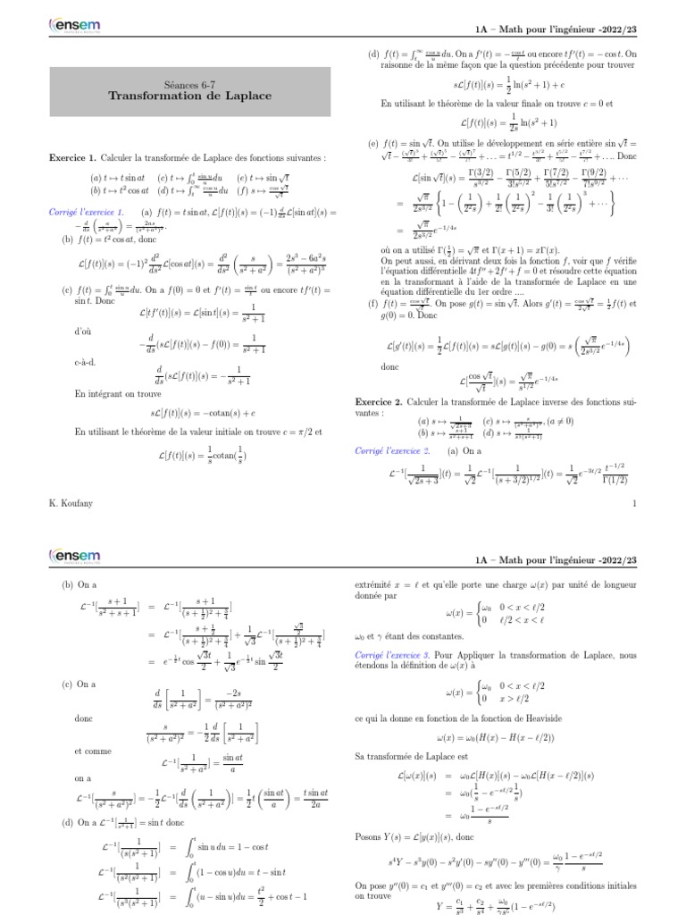 Transformée de Laplace : Exercices et Corrigés | PDF | Analyse ...