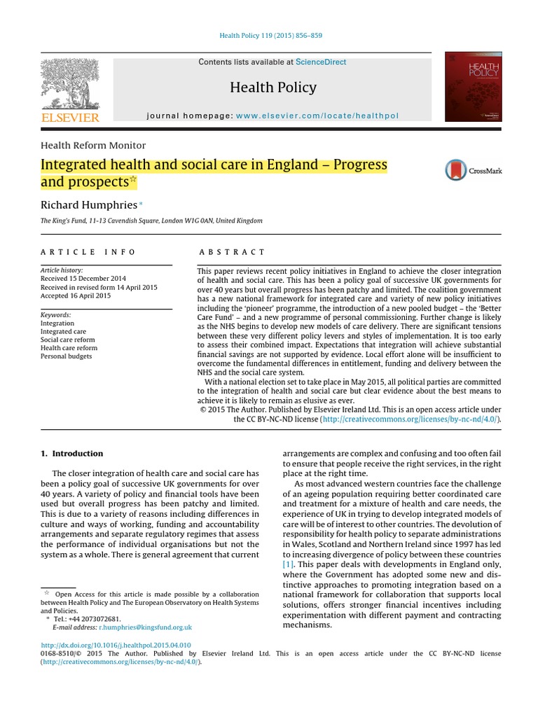 Integrated Health And Social Care In England Progress Pdf