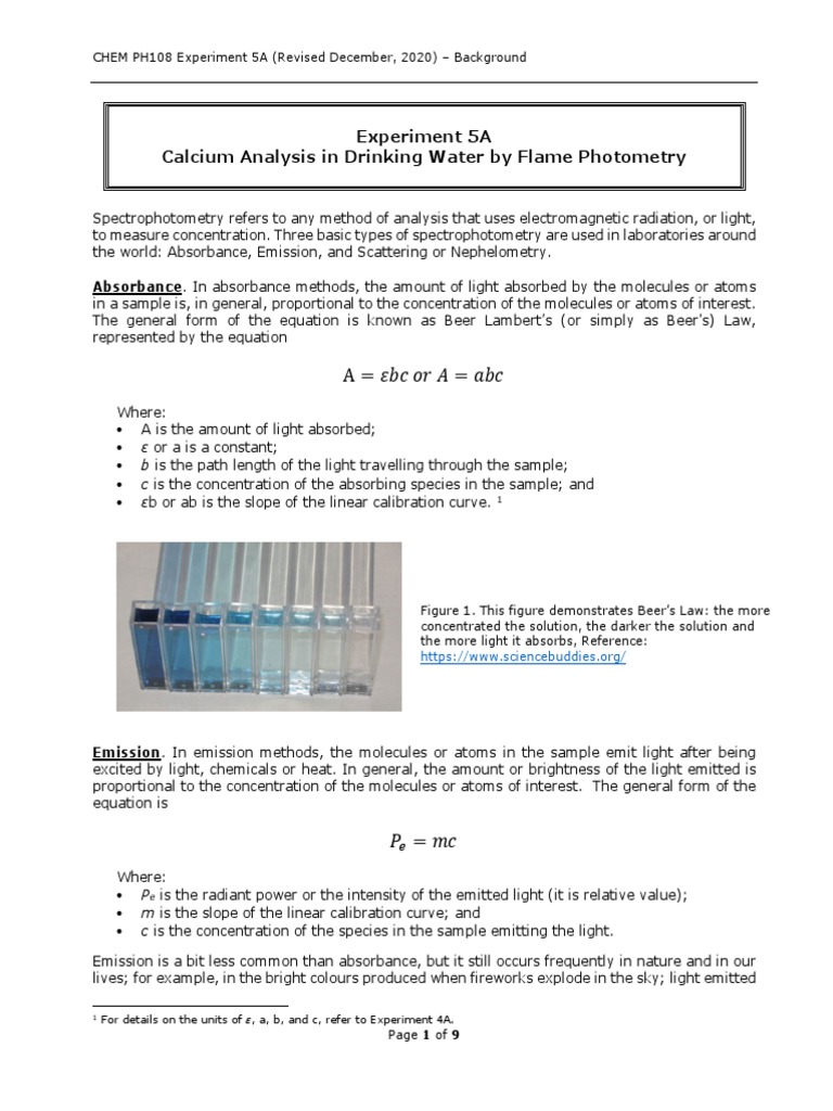 Experiment 5A Ca Analysis by Flame Photometry Background PDF Emission Spectrum
