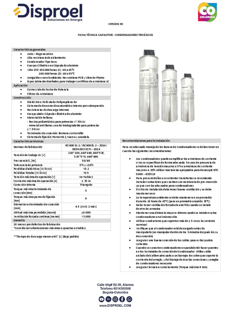 Ficha Técnica Condensadores Trifásicos - V30 | PDF | Condensador | Tornillo