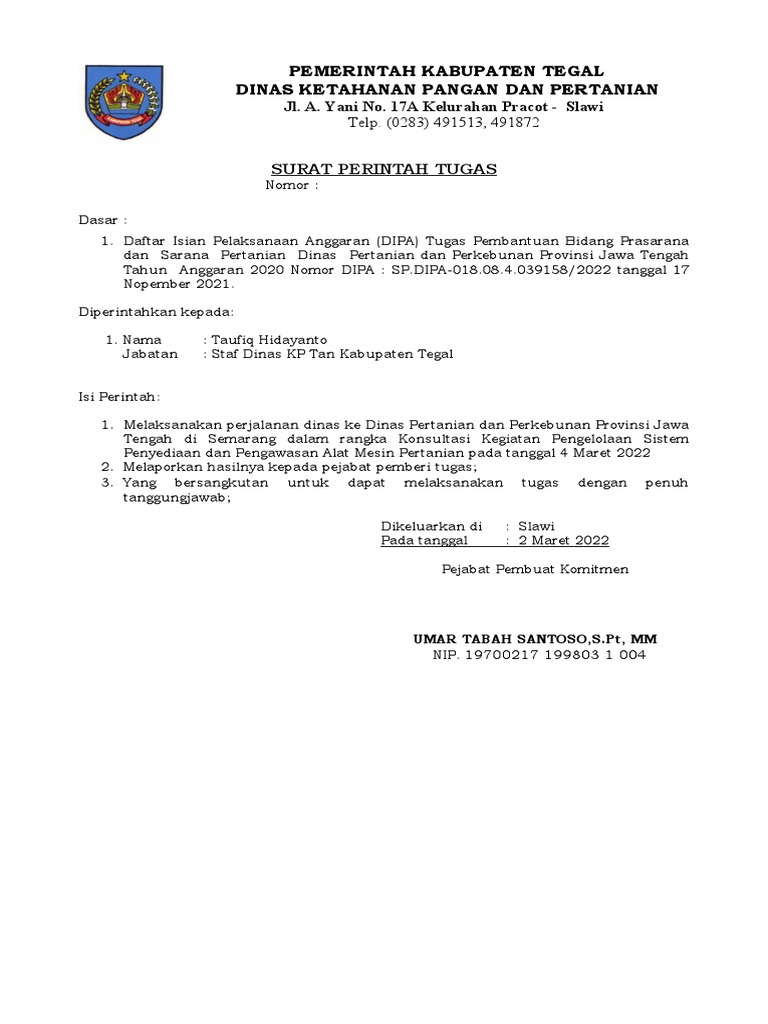 Surat Perintah Tugas: Pemerintah Kabupaten Tegal Dinas Ketahanan Pangan ...