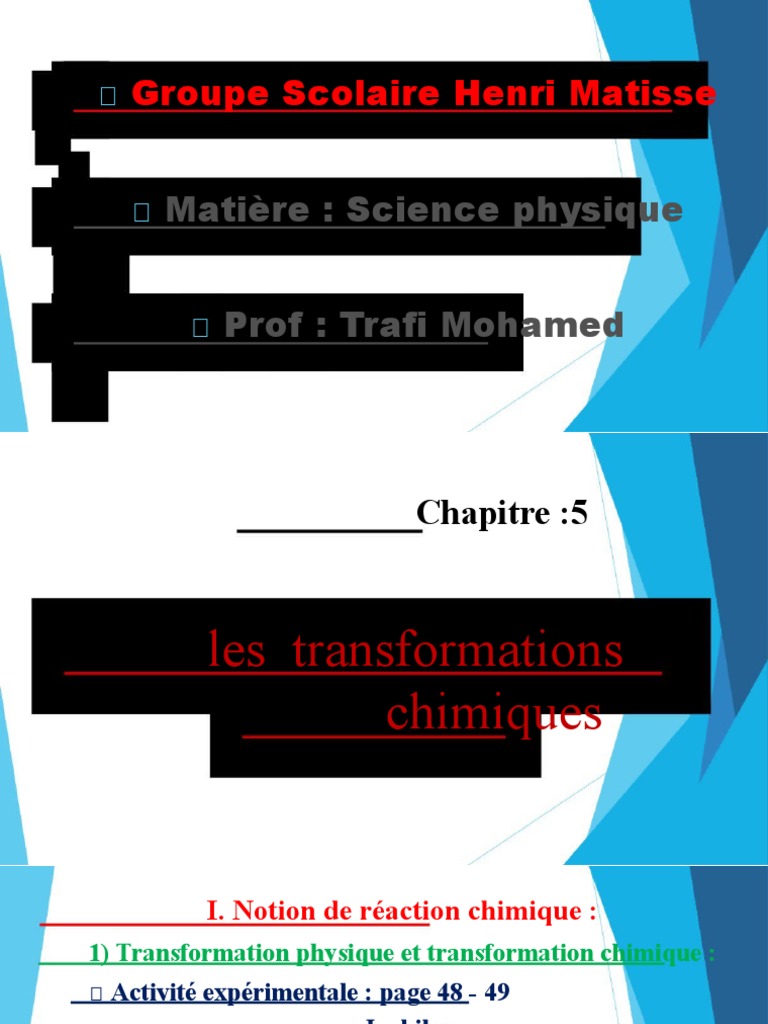 Les Reactions Chimiques Cours PPT 1 2931671726722454 | PDF