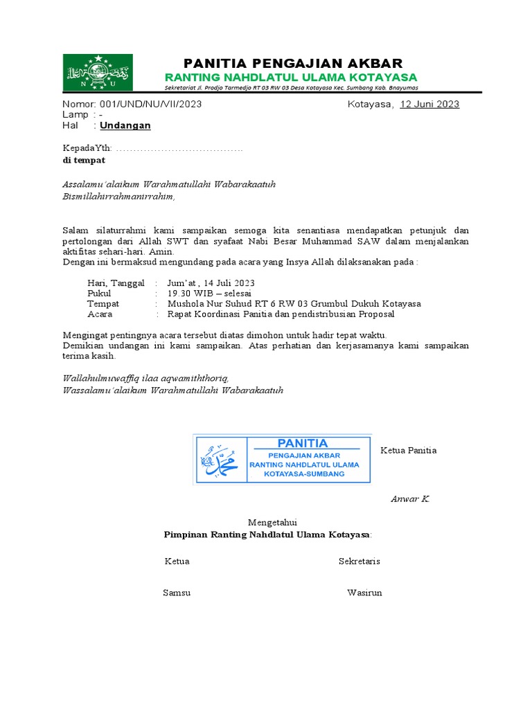 SURAT UNDANGAN Panitia Pengajian | PDF
