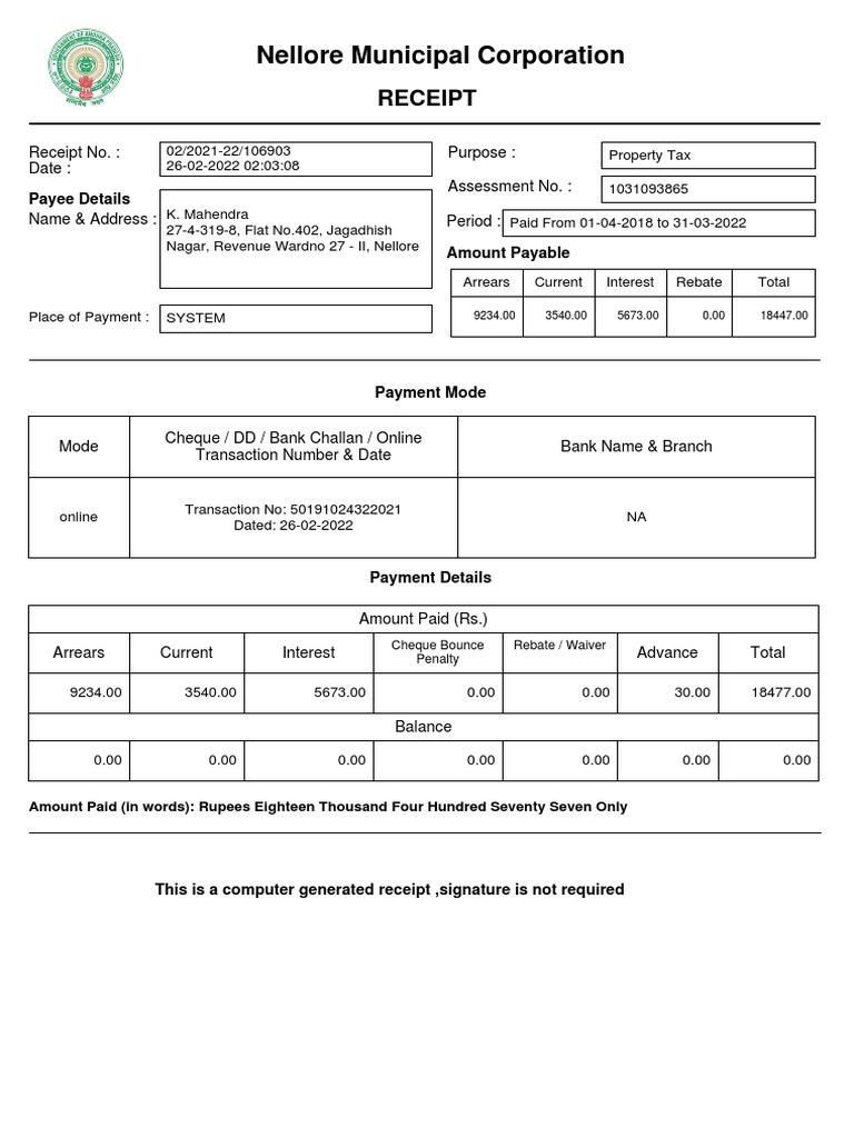 Mahendra Property Tax Receipt - 230708 - 192938 | PDF