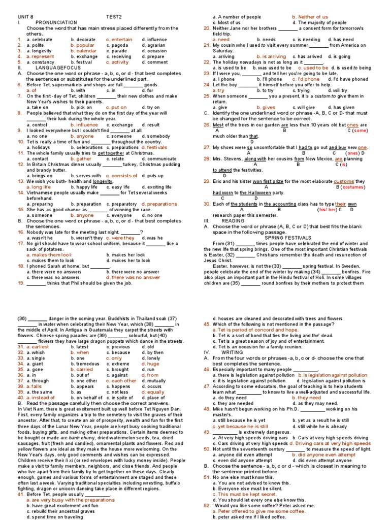 UNIT 8 - BT MLH 11 - Test 2 - KEY | PDF | Christmas