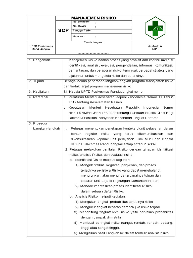 SOP Manajemen Risiko Puskesmas Randudongkal | PDF | Pengelolaan ...