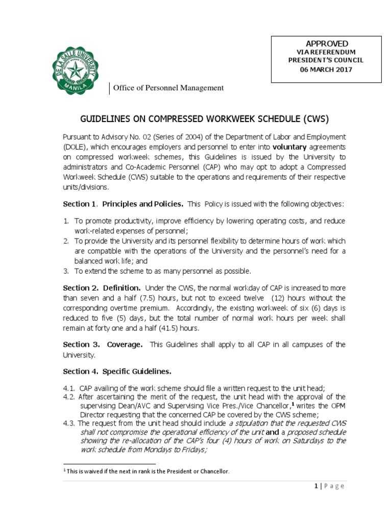 Guidelines on compressed workweek schedule pdf working time