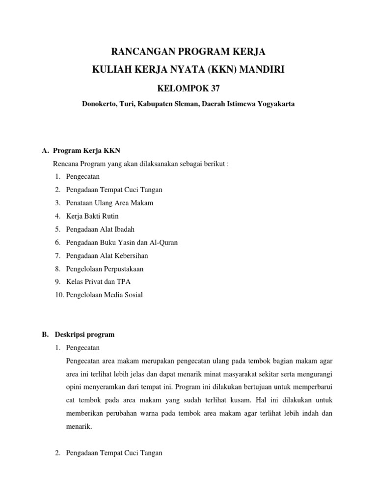 Program Kerja KKN Mandiri Kelompok 37 | PDF | Ilmu Sosial | Griya & Taman