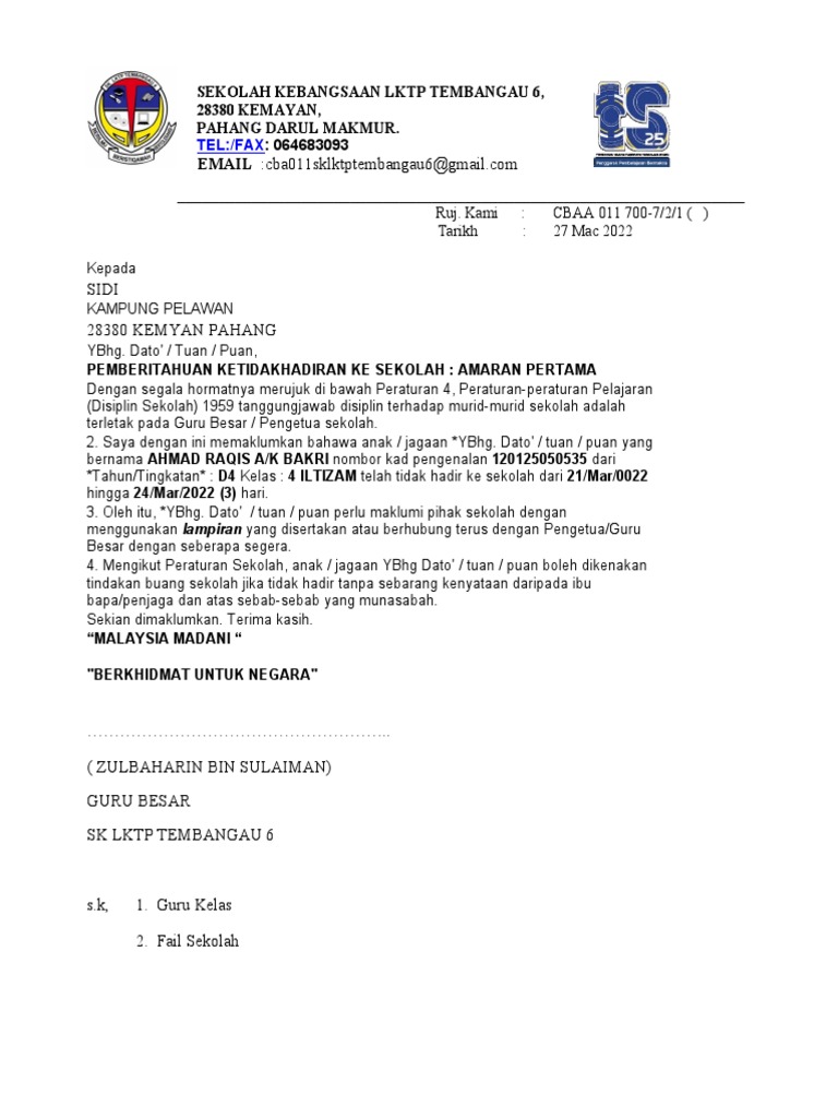 Surat Amaran Tidak Hadir Ke Sekolah Rakhis Amaran Pertama Copy Pdf
