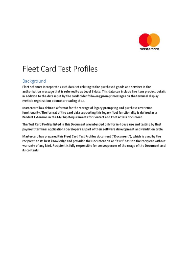 Mastercard Fleet Card Test Profiles | PDF | Smart Card | Computing