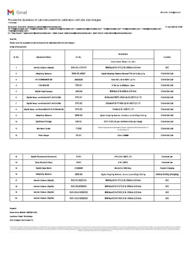 Belz Mail - Provide The Quotation of Lab Instruments For Calibration ...