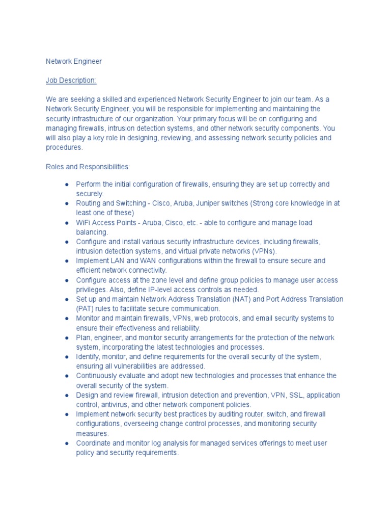 Network Engineer JD PDF