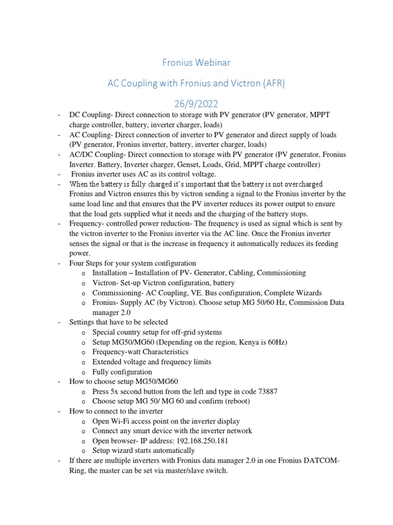 AC Coupling With Fronius and Victron (AFR) | PDF