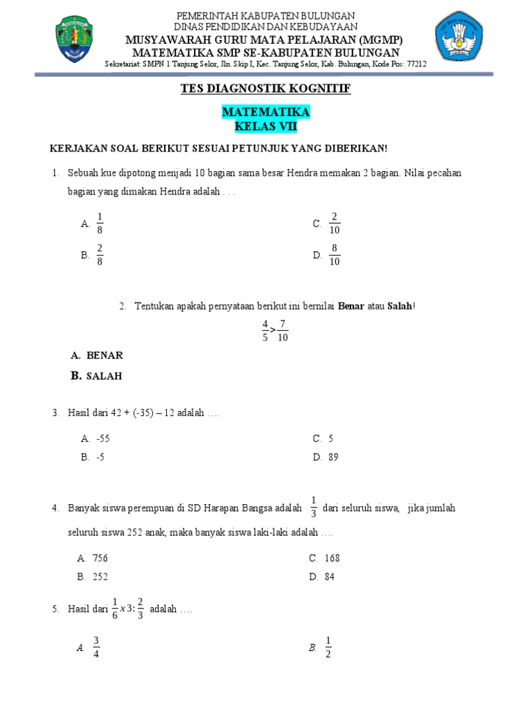 Tes Diagnostik Matematika Kelas 7 PDF