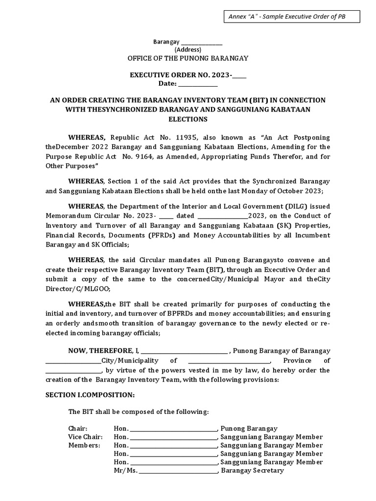 Barangay Inventory Team Executive Order | PDF | Finance & Money Management
