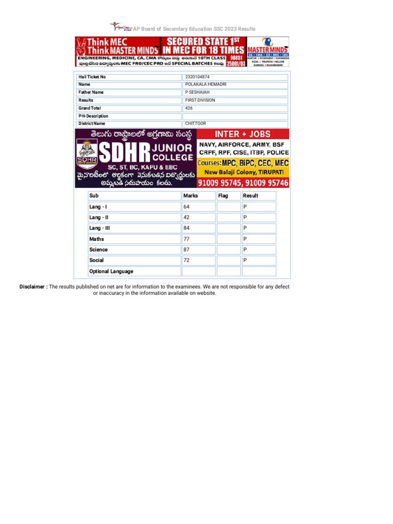 AP SSC Results 2023, AP 10th Class Results, Andhra Pradesh SSC Results 2023 Manabadi Available