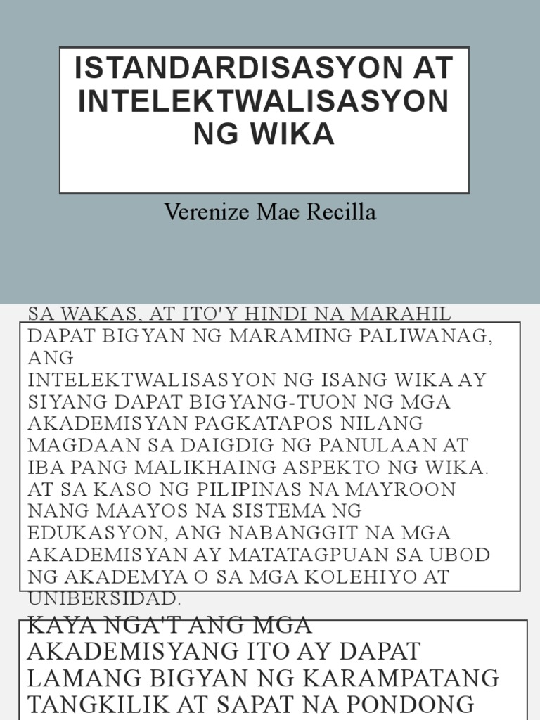 Istandardisasyon at Intelektwalisasyon NG Wika - Report | PDF