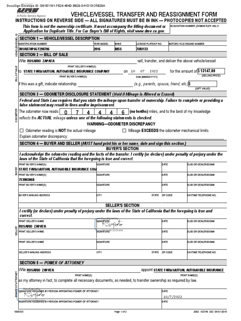 Reg 262 Vehicle Vessel Transfer And Reassignment Form