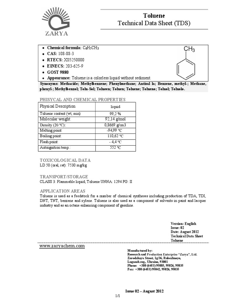 ZARYA - Technical Data Sheet - Toluene | PDF