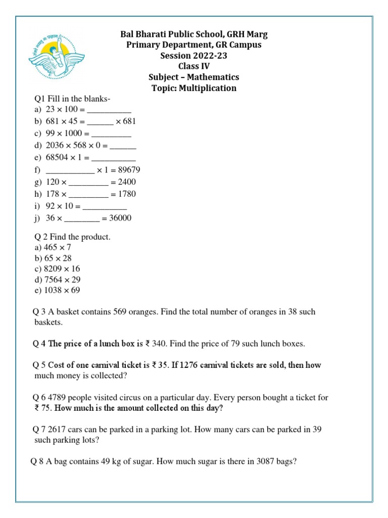 Class IV Mathematics: Multiplication Exercises | PDF