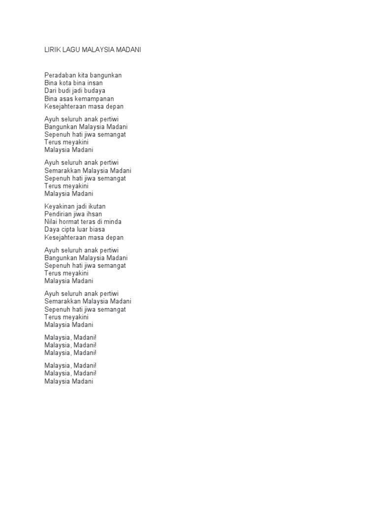 Lirik Lagu Malaysia Madani | PDF