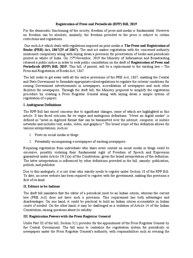 Registration of Press and Periodicals (RPP) Bill, 2019 | PDF ...