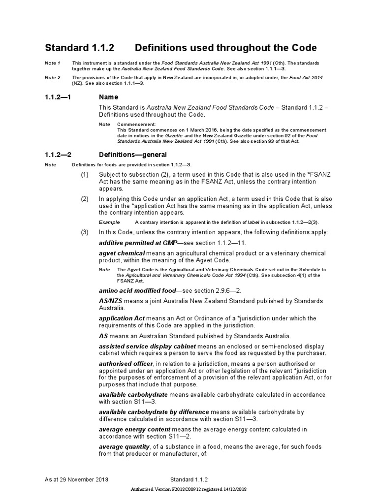 Australia New Zealand Food Standards Code - Standard 1.1.2